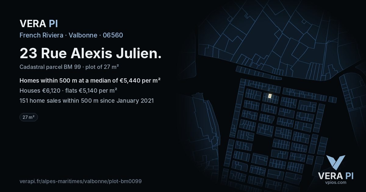 23 Rue Alexis Julien, Valbonne at night – the plot lit, the parcels around coloured by the prices near them