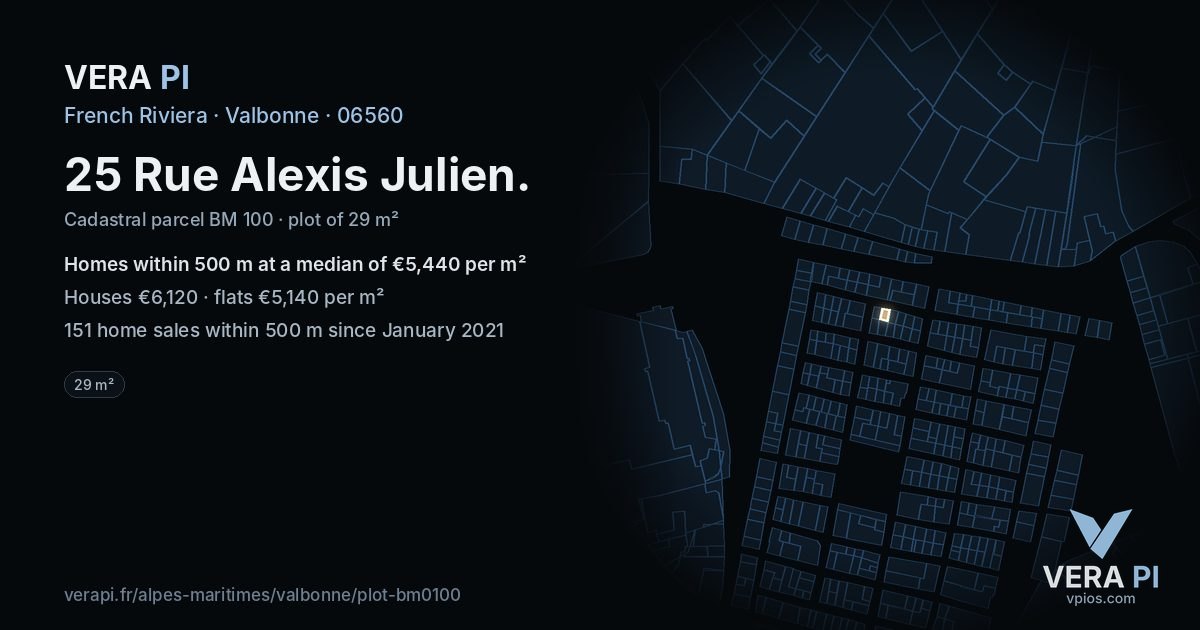 25 Rue Alexis Julien, Valbonne at night – the plot lit, the parcels around coloured by the prices near them