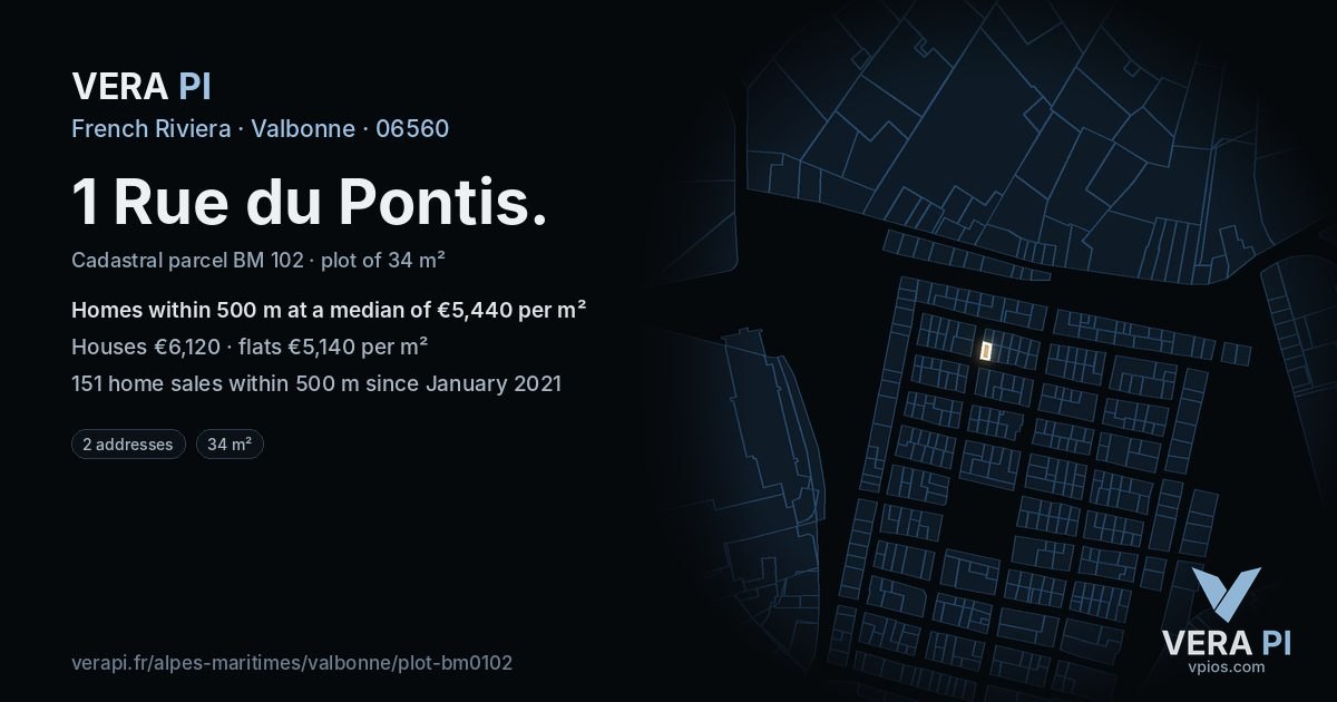 1 Rue du Pontis, Valbonne at night – the plot lit, the parcels around coloured by the prices near them