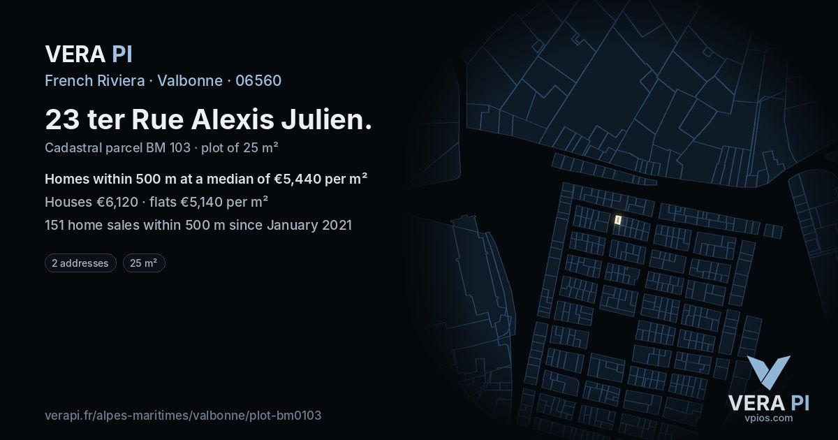 23 ter Rue Alexis Julien, Valbonne at night – the plot lit, the parcels around coloured by the prices near them