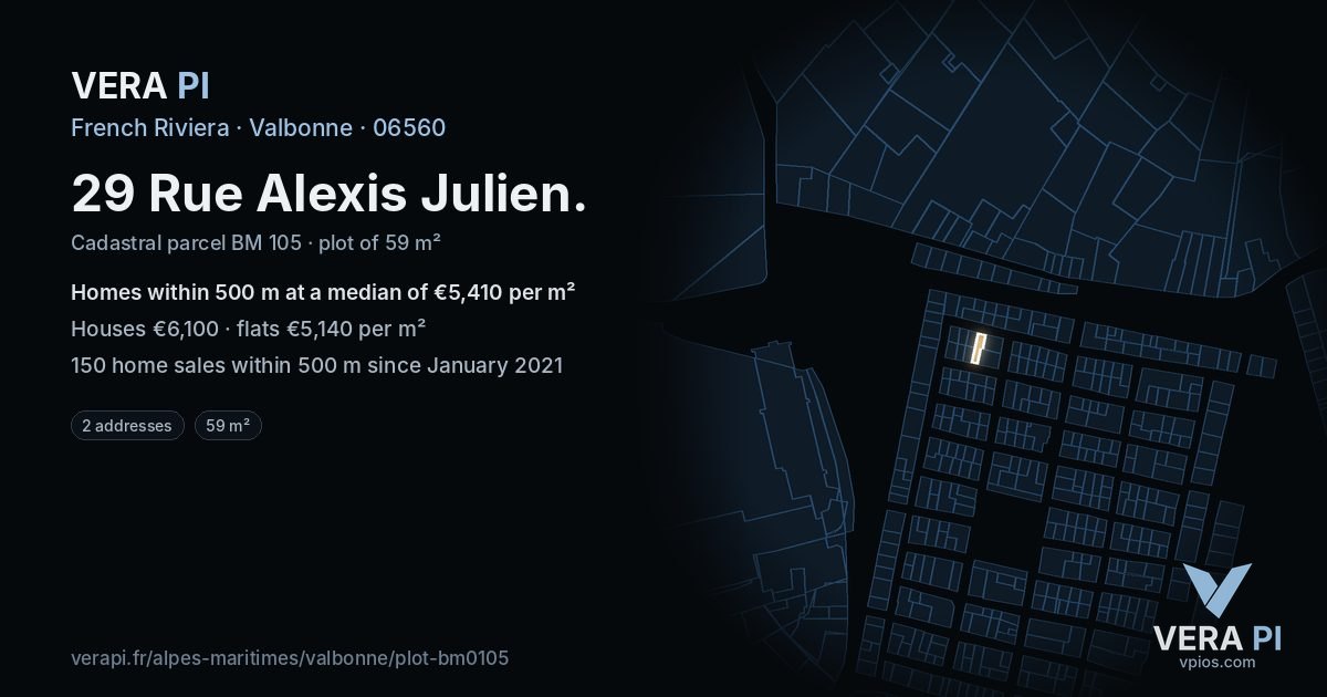 29 Rue Alexis Julien, Valbonne at night – the plot lit, the parcels around coloured by the prices near them
