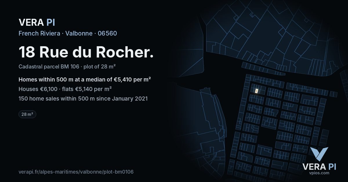 18 Rue du Rocher, Valbonne at night – the plot lit, the parcels around coloured by the prices near them