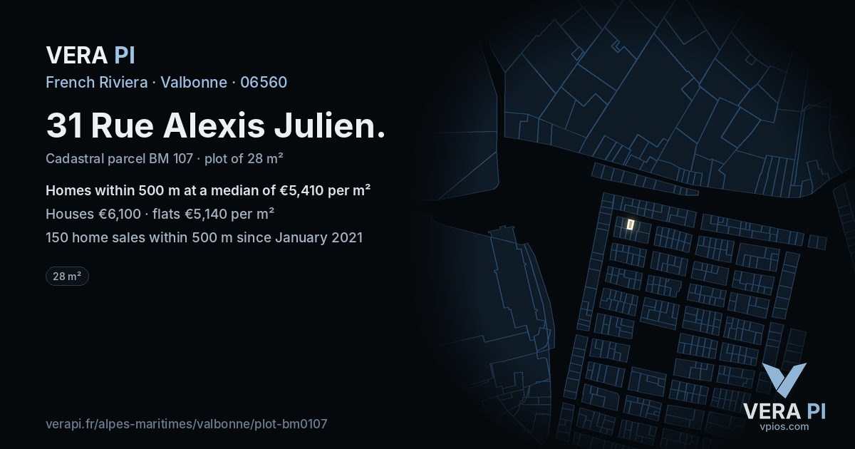31 Rue Alexis Julien, Valbonne at night – the plot lit, the parcels around coloured by the prices near them