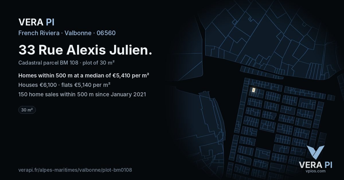 33 Rue Alexis Julien, Valbonne at night – the plot lit, the parcels around coloured by the prices near them