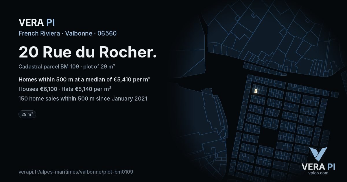 20 Rue du Rocher, Valbonne at night – the plot lit, the parcels around coloured by the prices near them