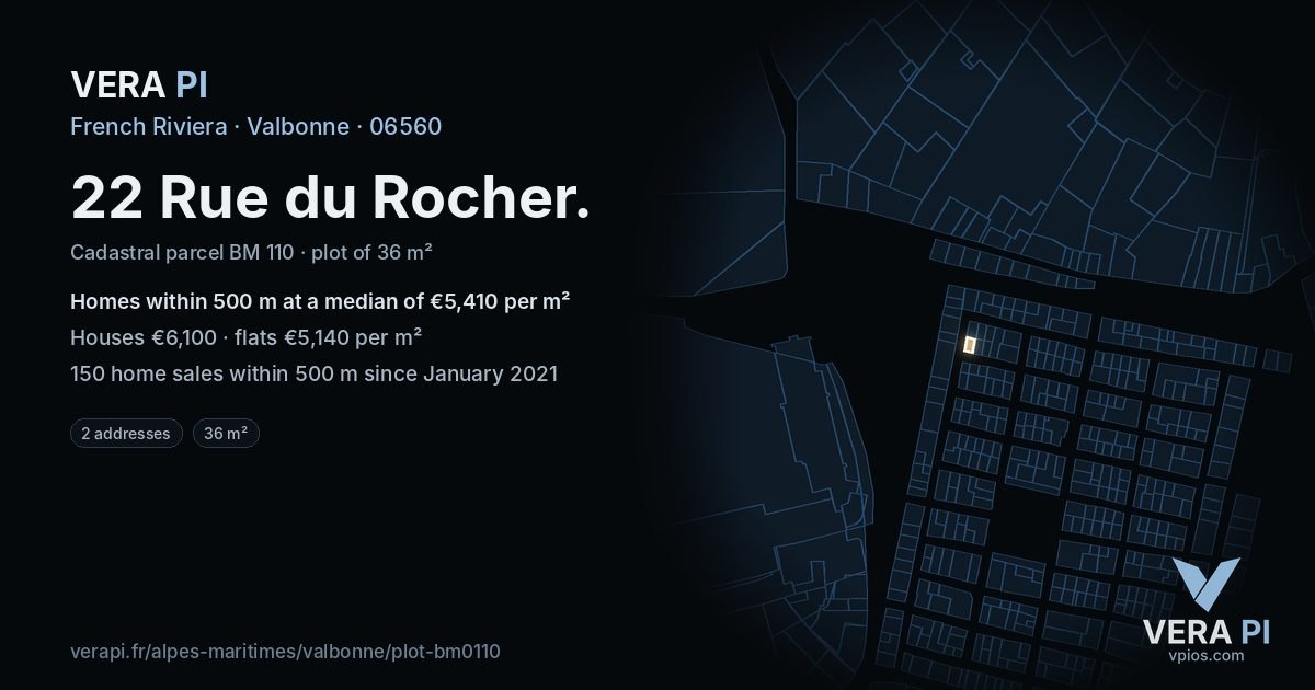 22 Rue du Rocher, Valbonne at night – the plot lit, the parcels around coloured by the prices near them