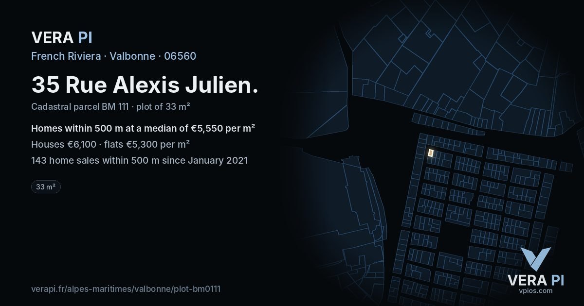 35 Rue Alexis Julien, Valbonne at night – the plot lit, the parcels around coloured by the prices near them