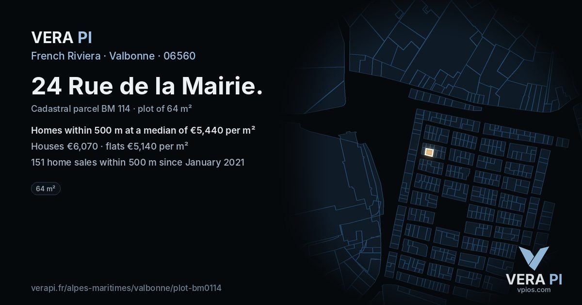 24 Rue de la Mairie, Valbonne at night – the plot lit, the parcels around coloured by the prices near them