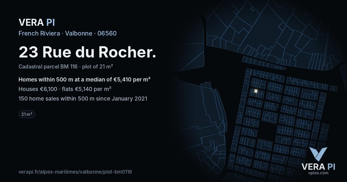 23 Rue du Rocher, Valbonne at night – the plot lit, the parcels around coloured by the prices near them