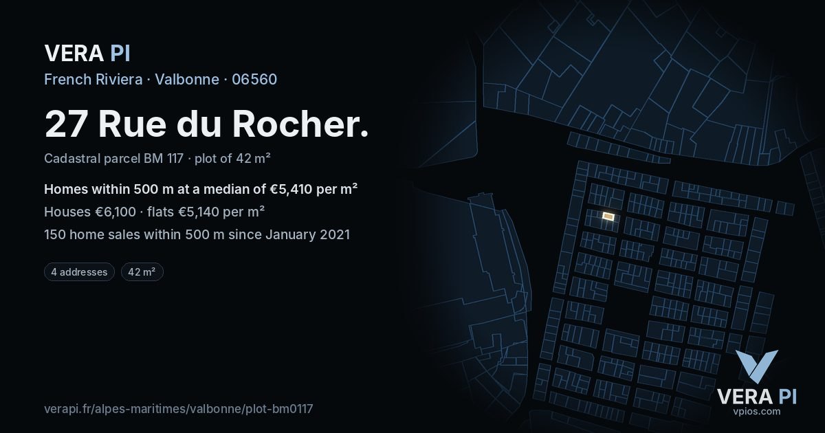 27 Rue du Rocher, Valbonne at night – the plot lit, the parcels around coloured by the prices near them