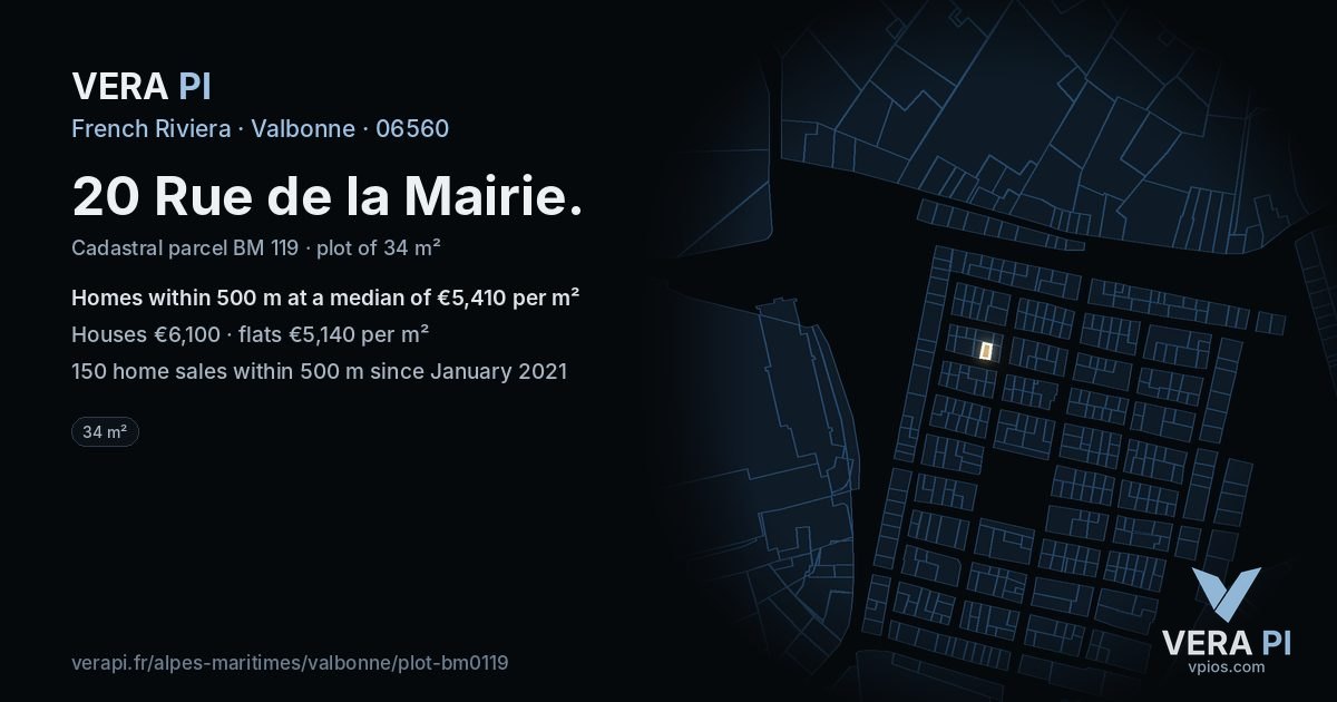 20 Rue de la Mairie, Valbonne at night – the plot lit, the parcels around coloured by the prices near them