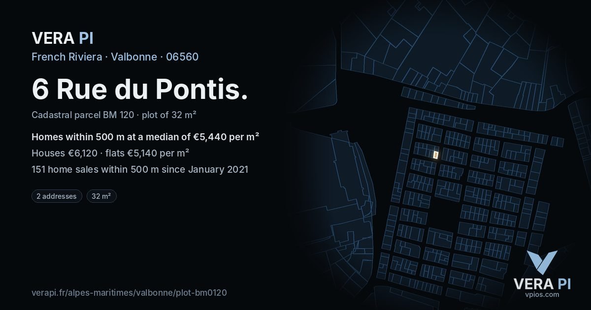 6 Rue du Pontis, Valbonne at night – the plot lit, the parcels around coloured by the prices near them