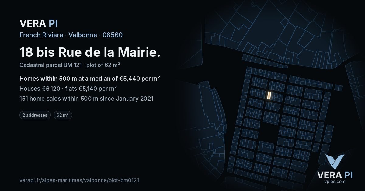 18 bis Rue de la Mairie, Valbonne at night – the plot lit, the parcels around coloured by the prices near them