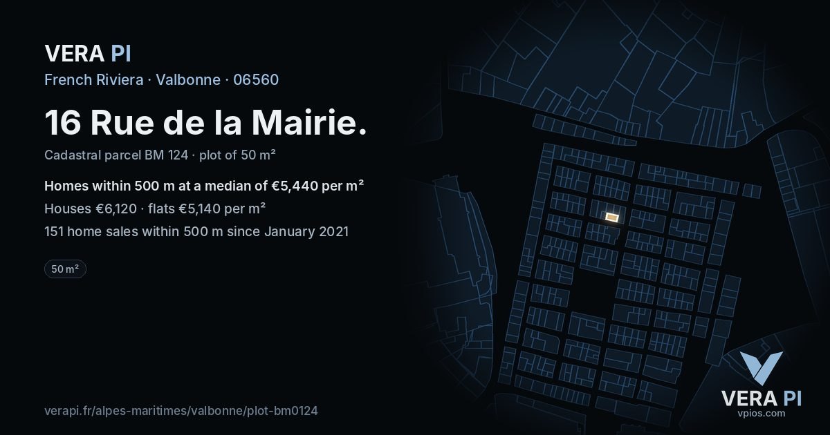 16 Rue de la Mairie, Valbonne at night – the plot lit, the parcels around coloured by the prices near them