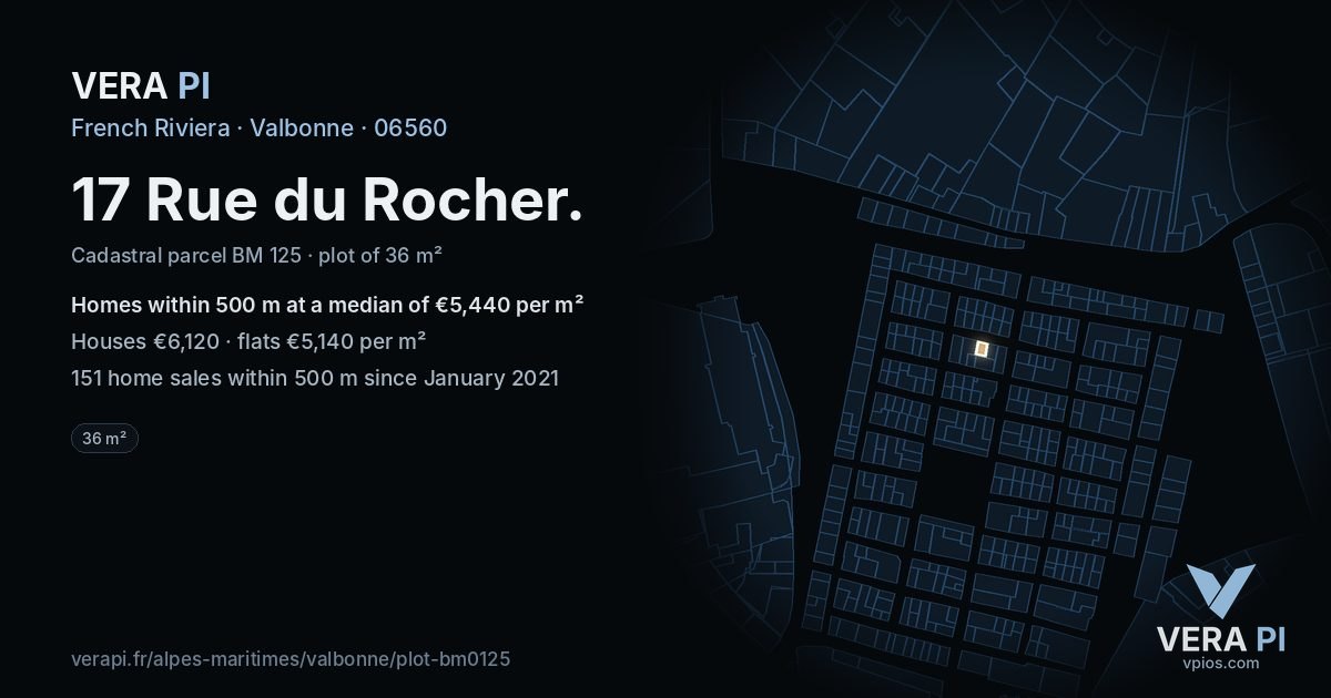 17 Rue du Rocher, Valbonne at night – the plot lit, the parcels around coloured by the prices near them