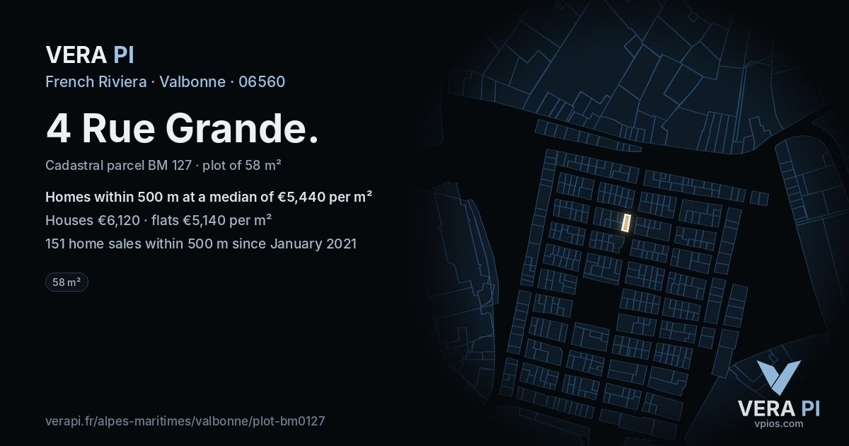 4 Rue Grande, Valbonne at night – the plot lit, the parcels around coloured by the prices near them