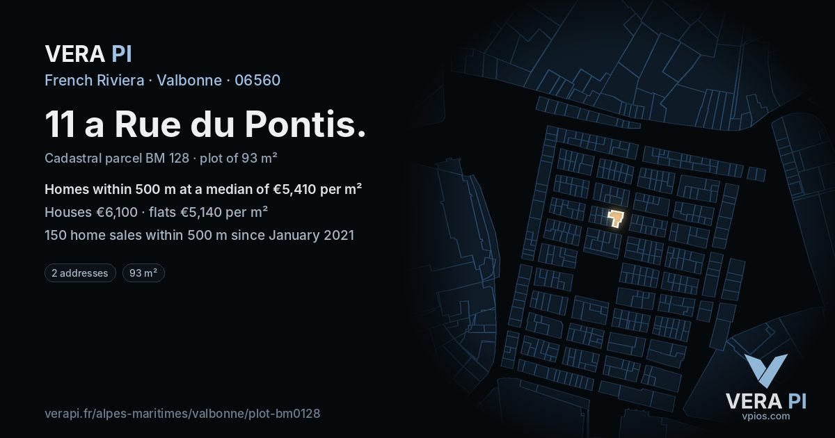 11 a Rue du Pontis, Valbonne at night – the plot lit, the parcels around coloured by the prices near them
