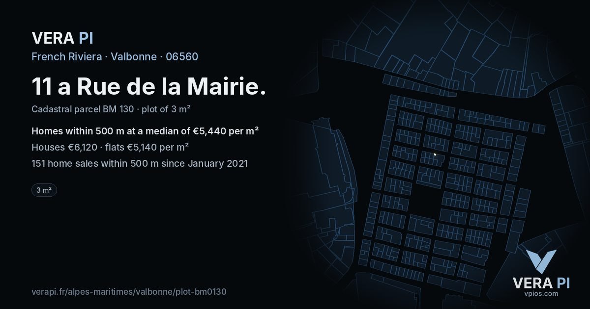 11 a Rue de la Mairie, Valbonne at night – the plot lit, the parcels around coloured by the prices near them
