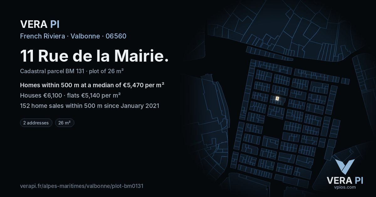 11 Rue de la Mairie, Valbonne at night – the plot lit, the parcels around coloured by the prices near them