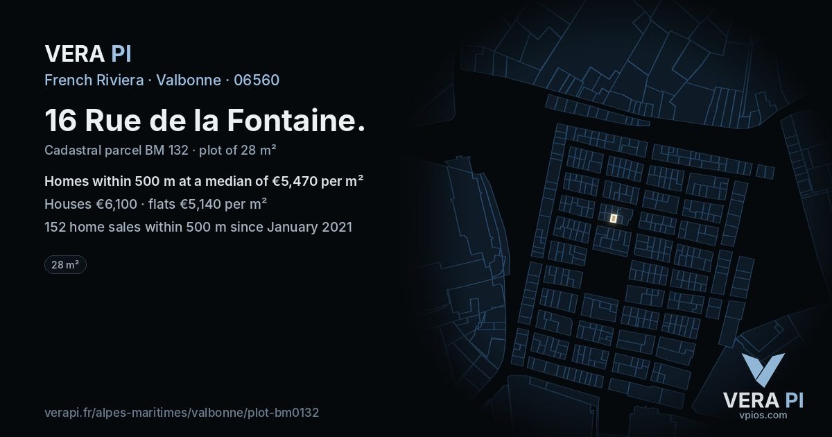 16 Rue de la Fontaine, Valbonne at night – the plot lit, the parcels around coloured by the prices near them