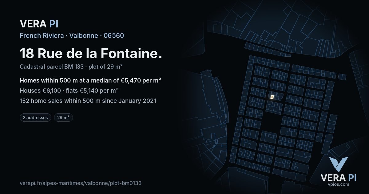 18 Rue de la Fontaine, Valbonne at night – the plot lit, the parcels around coloured by the prices near them