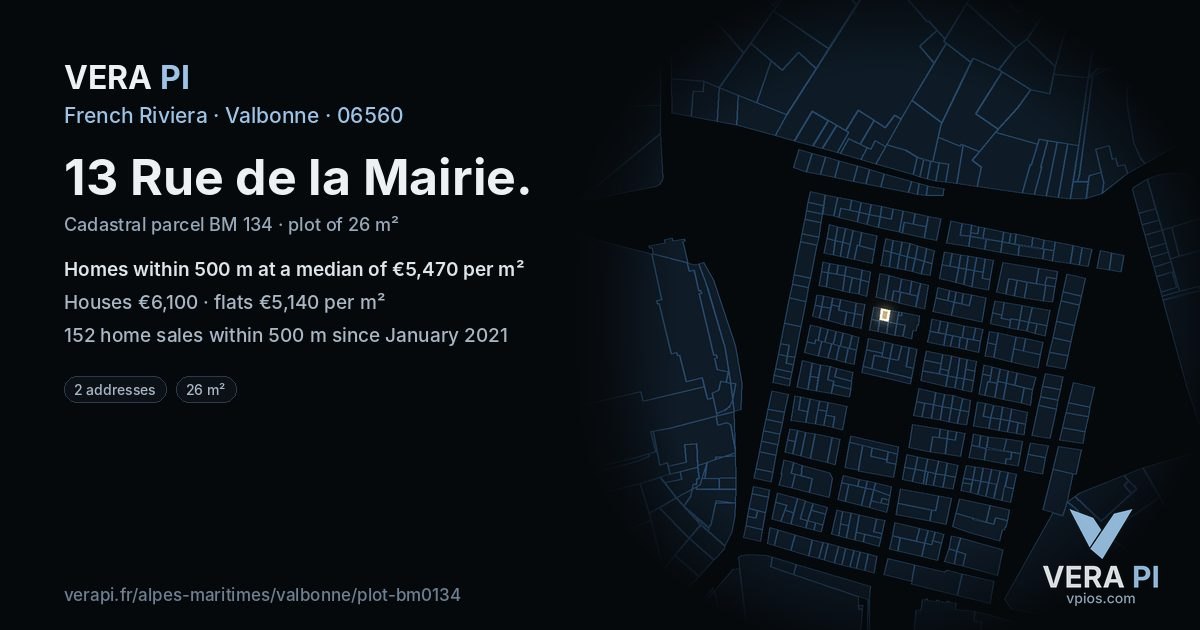 13 Rue de la Mairie, Valbonne at night – the plot lit, the parcels around coloured by the prices near them