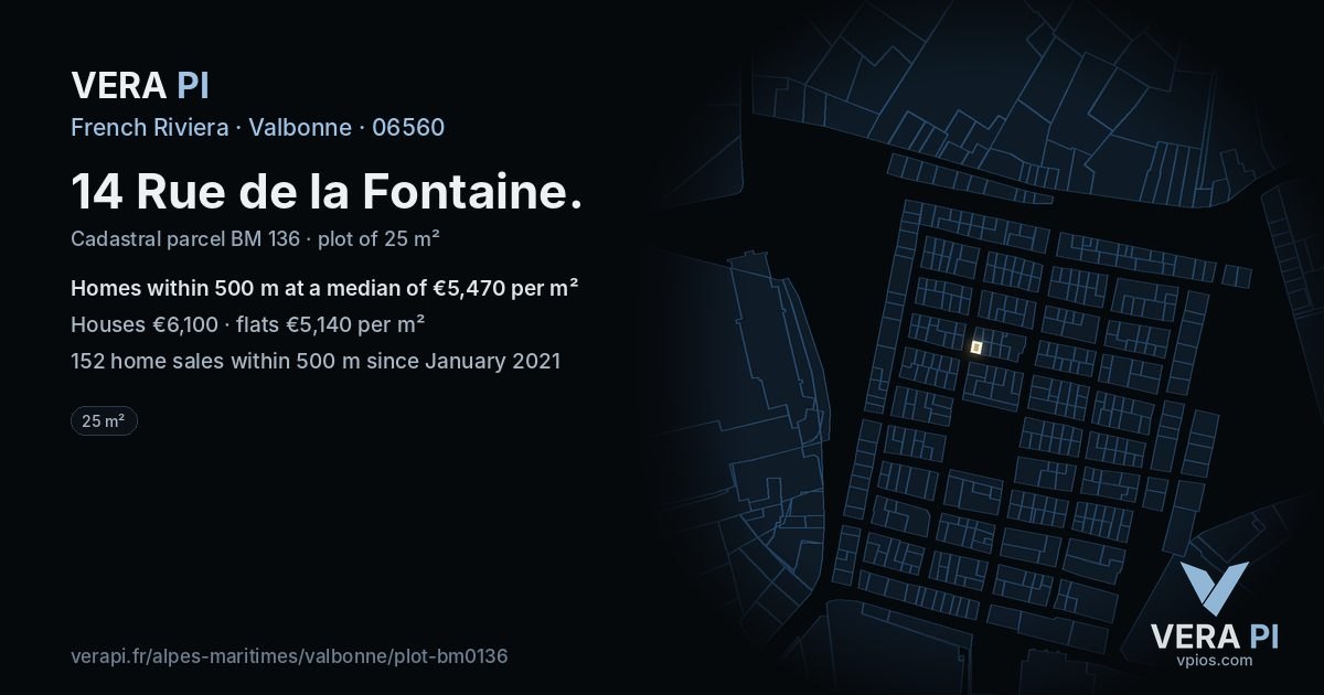 14 Rue de la Fontaine, Valbonne at night – the plot lit, the parcels around coloured by the prices near them
