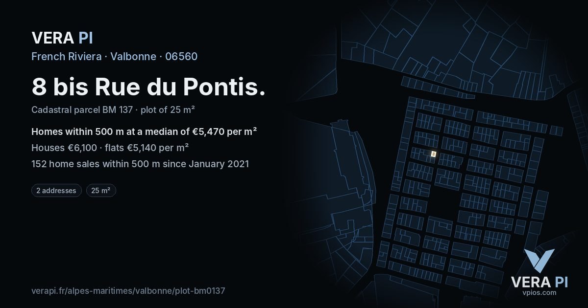 8 bis Rue du Pontis, Valbonne at night – the plot lit, the parcels around coloured by the prices near them