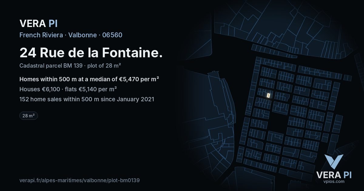 24 Rue de la Fontaine, Valbonne at night – the plot lit, the parcels around coloured by the prices near them