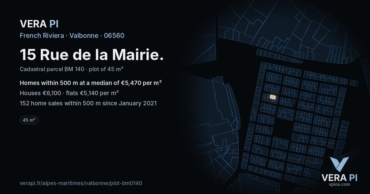 15 Rue de la Mairie, Valbonne at night – the plot lit, the parcels around coloured by the prices near them
