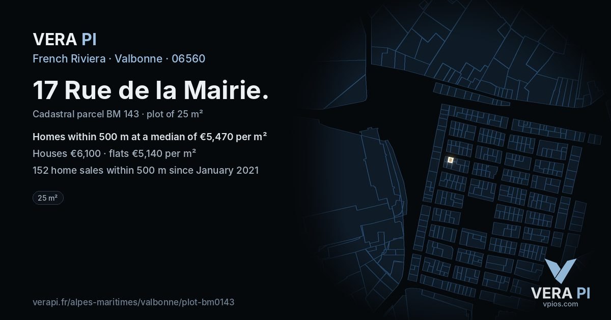 17 Rue de la Mairie, Valbonne at night – the plot lit, the parcels around coloured by the prices near them