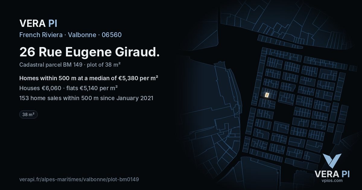 26 Rue Eugene Giraud, Valbonne at night – the plot lit, the parcels around coloured by the prices near them