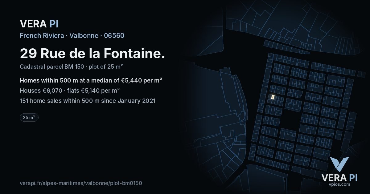 29 Rue de la Fontaine, Valbonne at night – the plot lit, the parcels around coloured by the prices near them