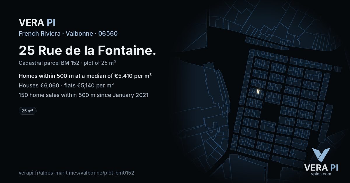 25 Rue de la Fontaine, Valbonne at night – the plot lit, the parcels around coloured by the prices near them