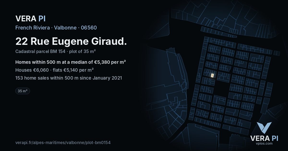 22 Rue Eugene Giraud, Valbonne at night – the plot lit, the parcels around coloured by the prices near them