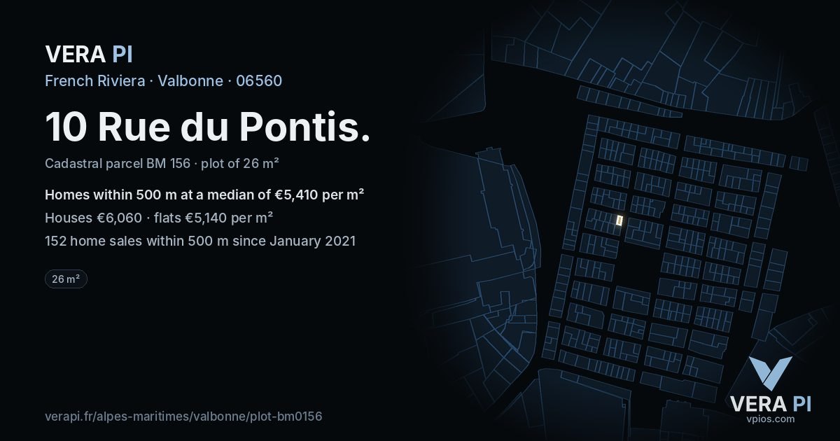 10 Rue du Pontis, Valbonne at night – the plot lit, the parcels around coloured by the prices near them