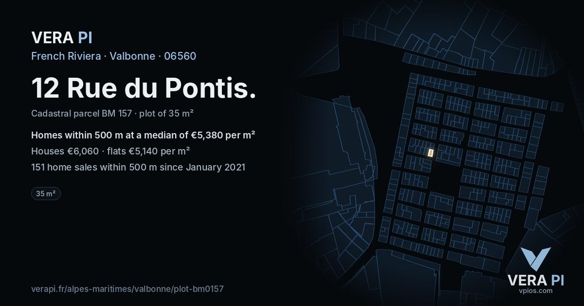 12 Rue du Pontis, Valbonne at night – the plot lit, the parcels around coloured by the prices near them