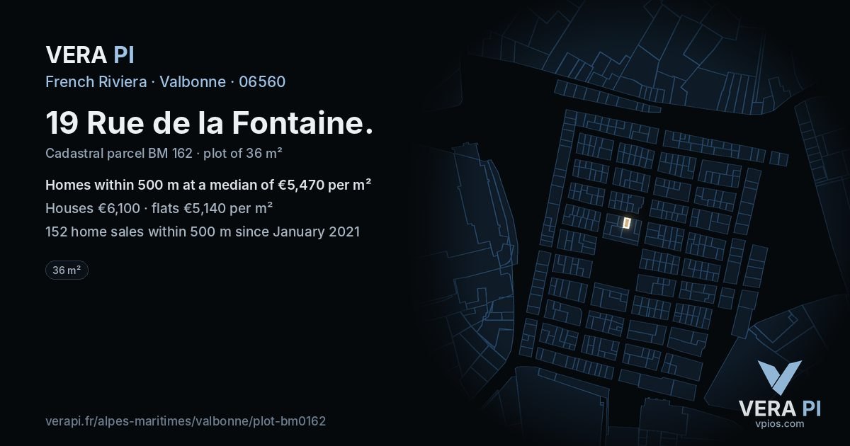 19 Rue de la Fontaine, Valbonne at night – the plot lit, the parcels around coloured by the prices near them
