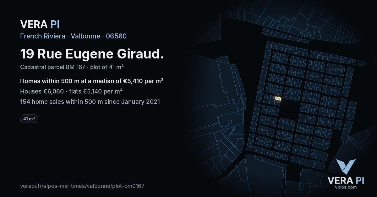 19 Rue Eugene Giraud, Valbonne at night – the plot lit, the parcels around coloured by the prices near them
