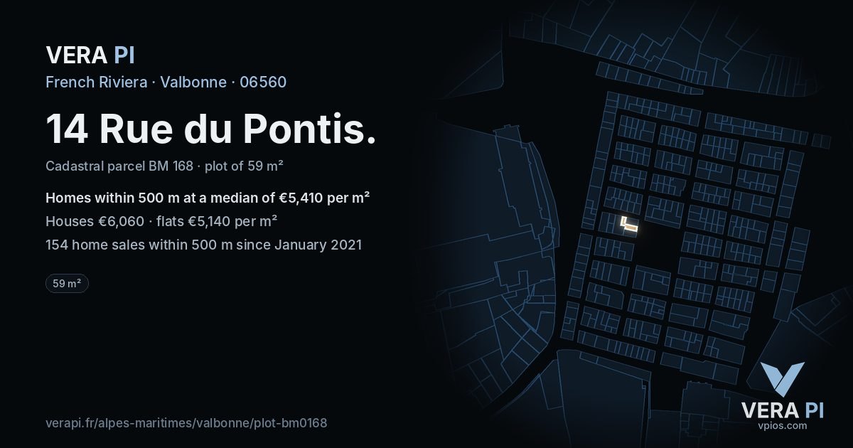 14 Rue du Pontis, Valbonne at night – the plot lit, the parcels around coloured by the prices near them