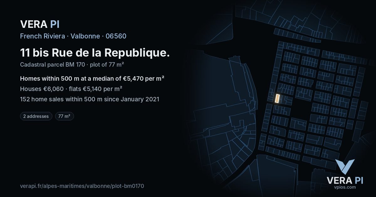 11 bis Rue de la Republique, Valbonne at night – the plot lit, the parcels around coloured by the prices near them