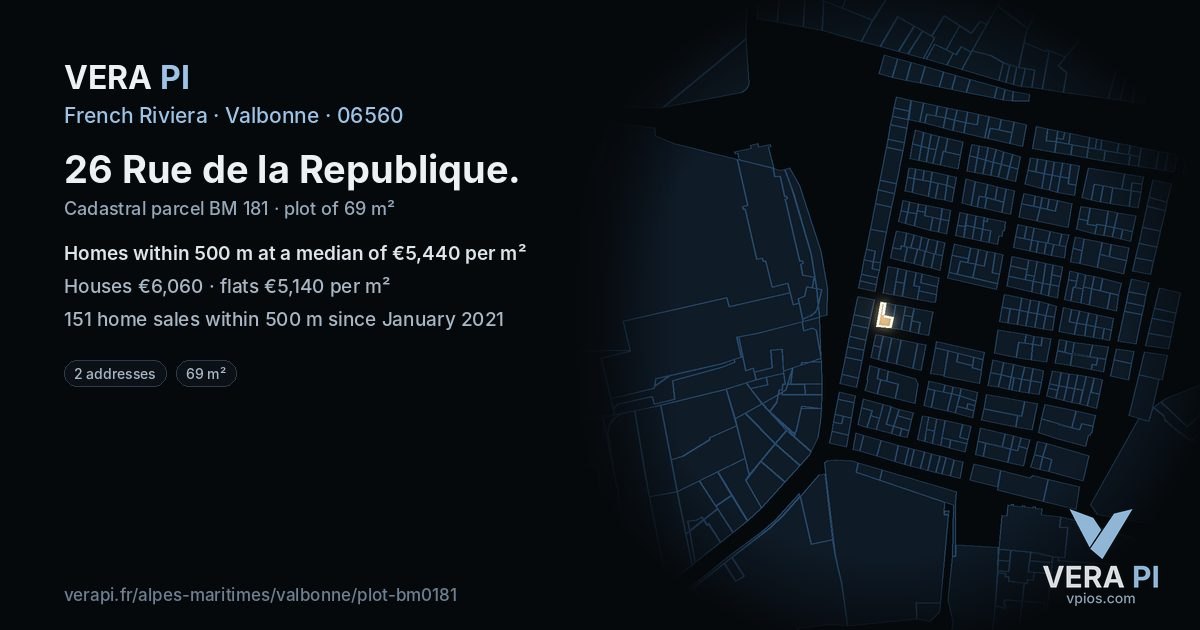 26 Rue de la Republique, Valbonne at night – the plot lit, the parcels around coloured by the prices near them