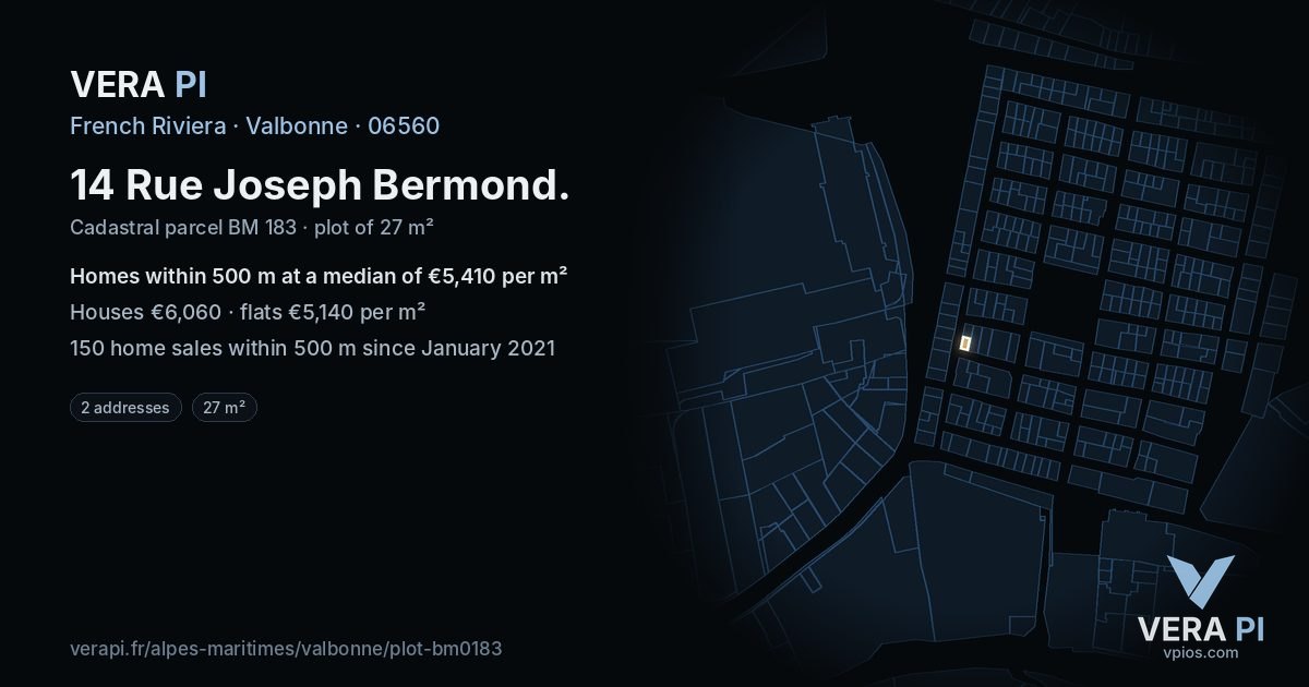 14 Rue Joseph Bermond, Valbonne at night – the plot lit, the parcels around coloured by the prices near them