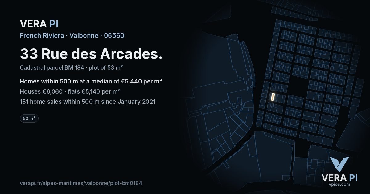 33 Rue des Arcades, Valbonne at night – the plot lit, the parcels around coloured by the prices near them
