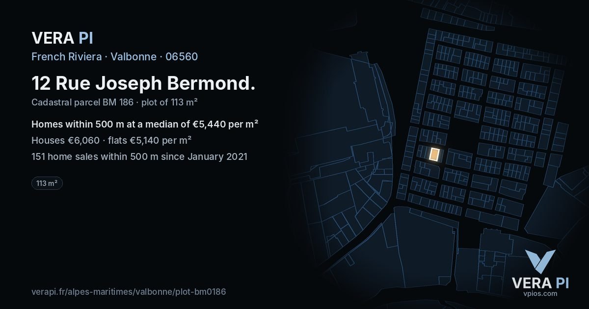 12 Rue Joseph Bermond, Valbonne at night – the plot lit, the parcels around coloured by the prices near them