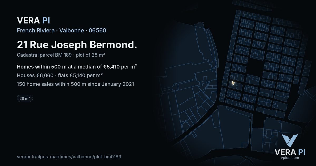 21 Rue Joseph Bermond, Valbonne at night – the plot lit, the parcels around coloured by the prices near them