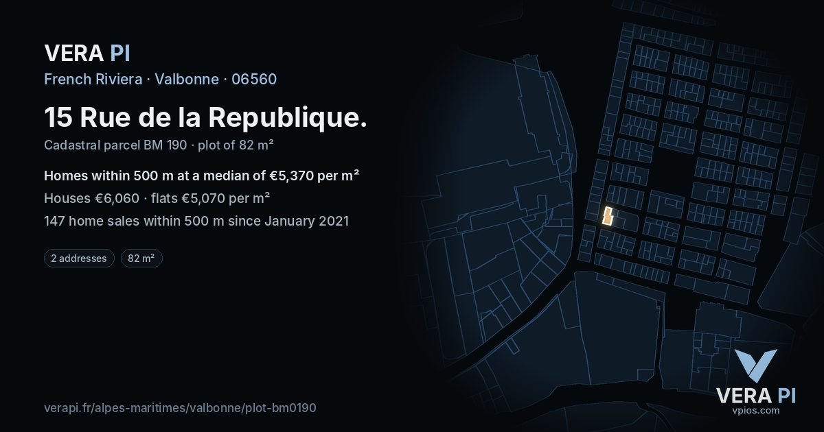 15 Rue de la Republique, Valbonne at night – the plot lit, the parcels around coloured by the prices near them
