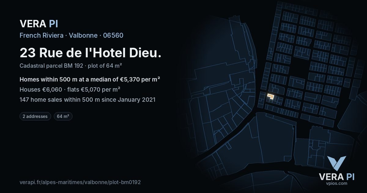 23 Rue de l'Hotel Dieu, Valbonne at night – the plot lit, the parcels around coloured by the prices near them