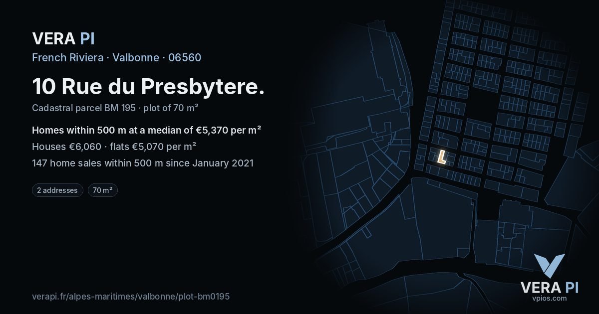 10 Rue du Presbytere, Valbonne at night – the plot lit, the parcels around coloured by the prices near them