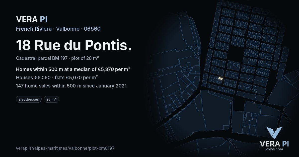18 Rue du Pontis, Valbonne at night – the plot lit, the parcels around coloured by the prices near them